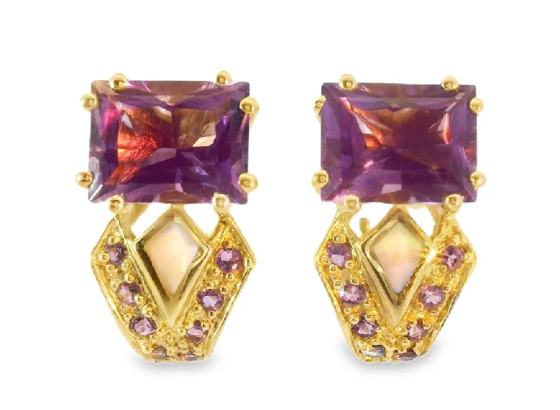 Trendy Earrings for Young Adults-Gorgeous 14K Yellow Gold Amethyst MOP Mabe Inlaid Earrings