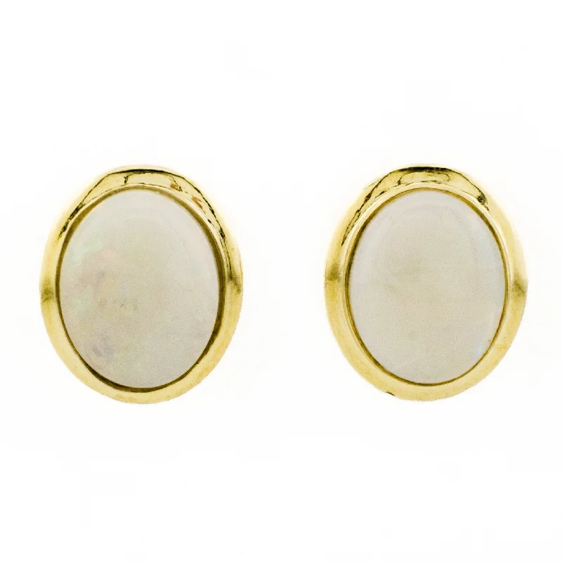 Statement Earrings for Weddings-Oval Cabochon Opal Solitaire Earrings in 14K Yellow Gold