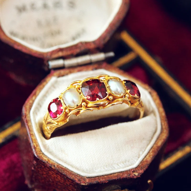 Luxury Diamond Ring for Engagement-Mid Victorian Garnet & Natural Pearl Ring