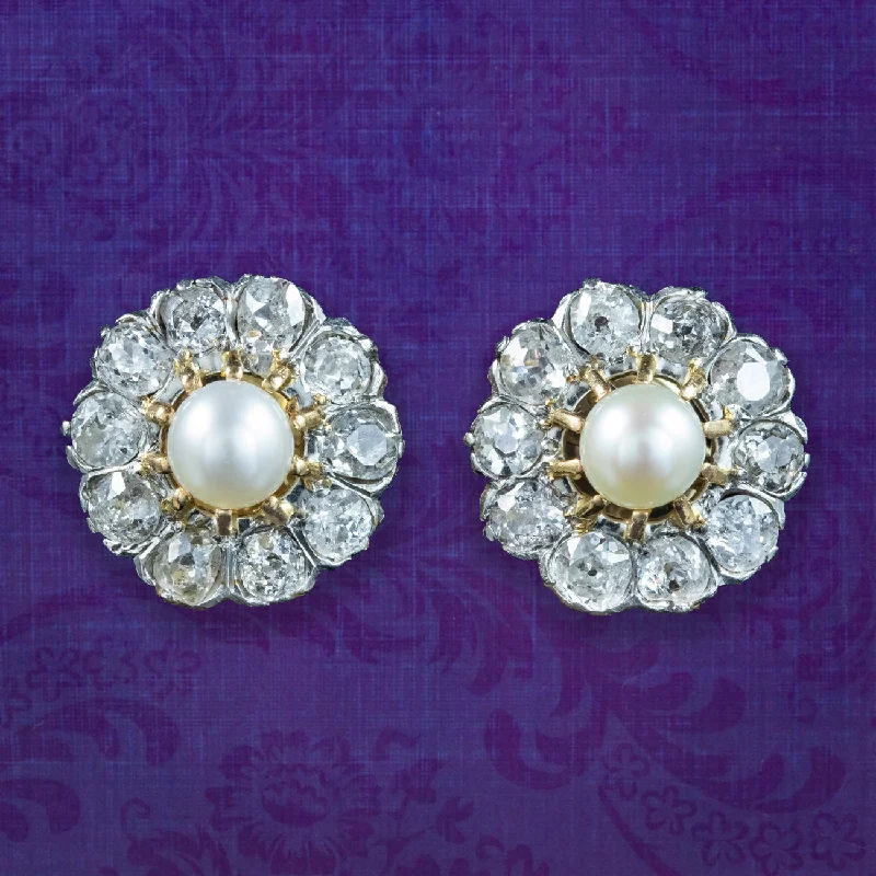 Statement Earrings for Bold Fashion-Antique Edwardian Flower Pearl and Diamond Stud Earrings with 2ct Of Diamond