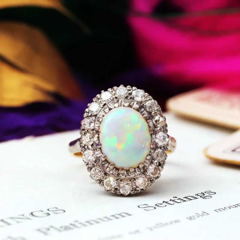 Customizable Silver Ring for Men-Vintage Glamour! Opal & Diamond Cluster Cocktail Ring