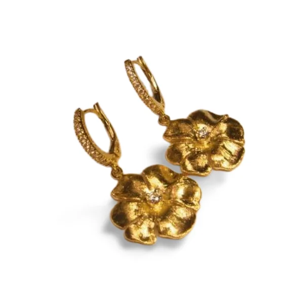 Chunky Statement Earrings for Bold Style-Stunning 14K Brushed Yellow Gold Diamond Floral Flower Drop Dangle Earrings