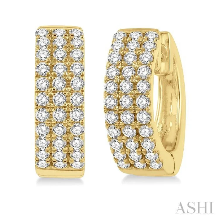 Beautiful Drop Earrings for Evening Style-1/2 Ctw Triple Row Round Cut Diamond Huggie Earrings in 14K Yellow Gold