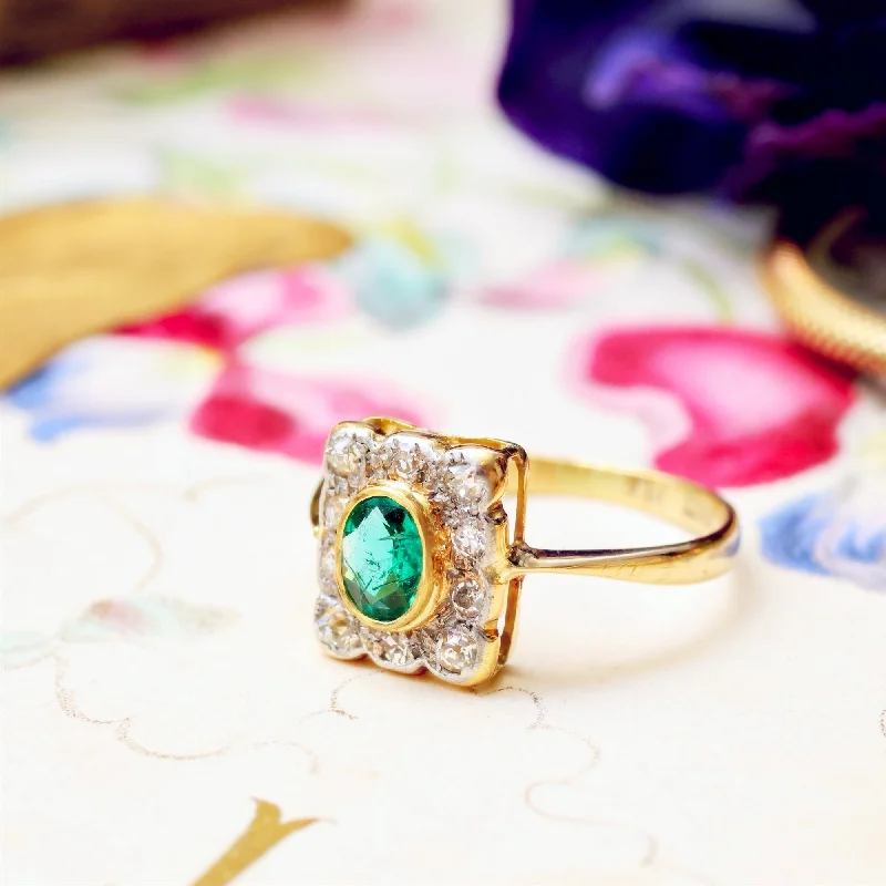 Custom Gold Ring for Special Occasions-Vivacious Vintage Emerald & Diamond Cluster Ring