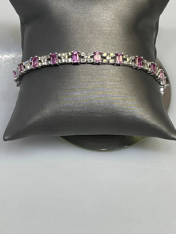 Friendship Bracelets for Teens-18 Karat White Gold Diamond And Pink Sapphire Bracelet Gorgeous Baguette Diamonds & Emerald Cut Sapphire Bracelet