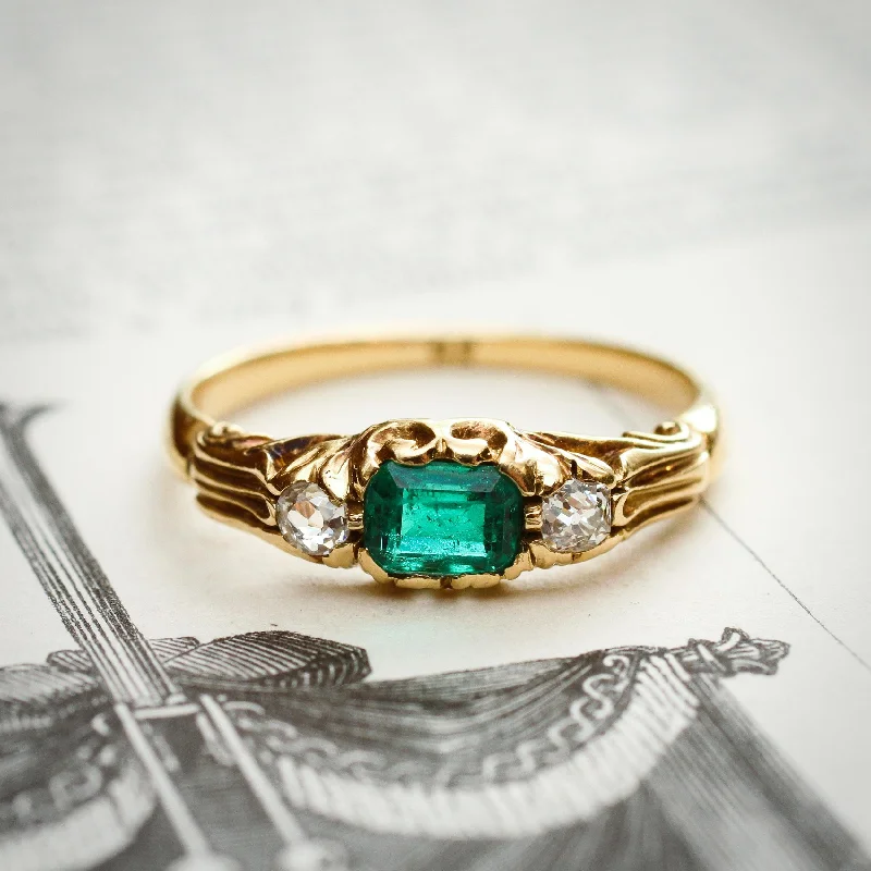 Elegant Silver Engagement Ring-Perfect Darling Victorian Emerald & Diamond Ring