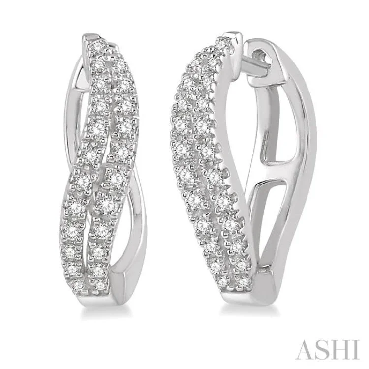 Statement Earrings for Bold Looks-1/4 Ctw Curved Leaf Round Cut Diamond Hoop Earrings in 10K White Gold