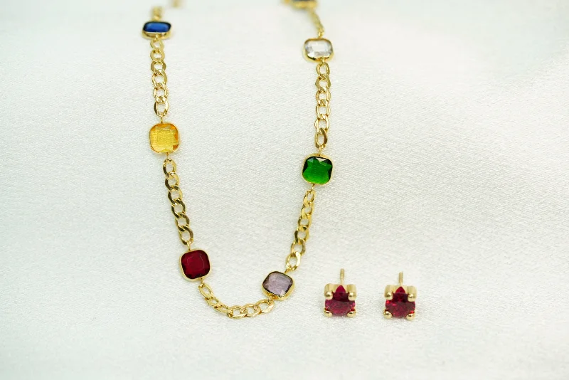 Simple Bead Necklace for Casual Looks-14k Color Stones Necklace & Earring