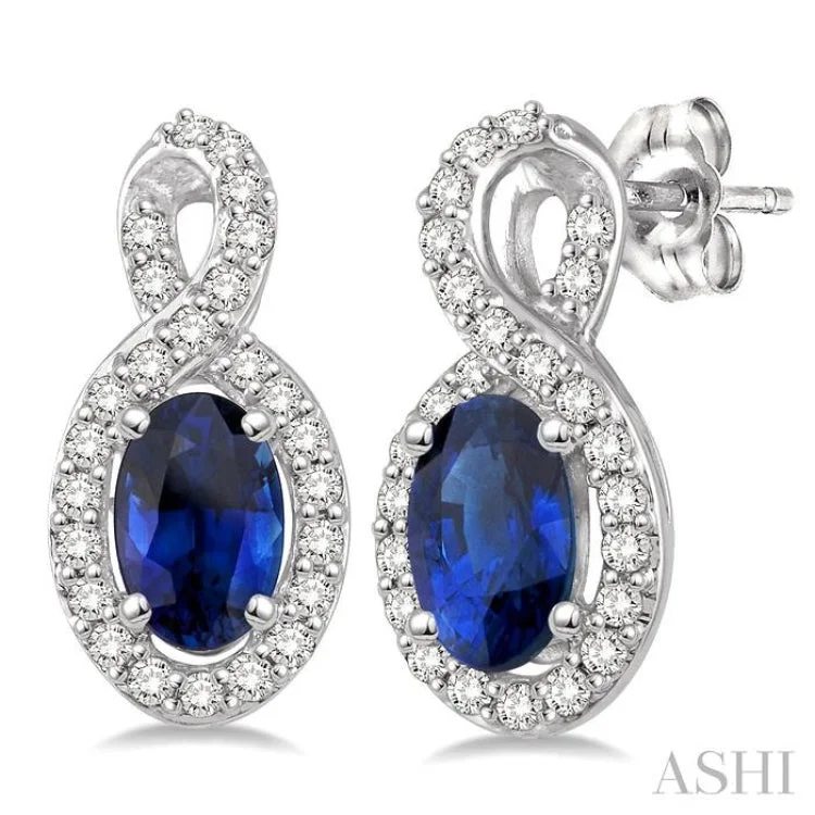 Luxury Gold Earrings for Women-5x3 MM Oval Cut Sapphire and 1/5 Ctw Round Cut Diamond Earrings in 10K White Gold