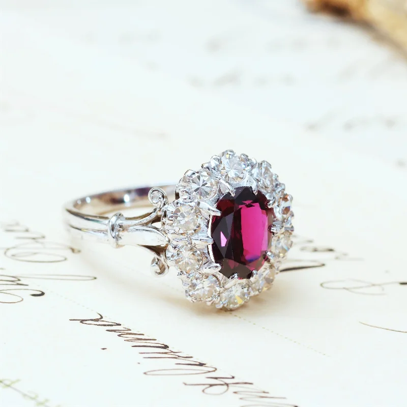 Large Engagement Ring for Women-Extraordinary Vintage Deep Wine Ruby & Diamond Cluster Ring