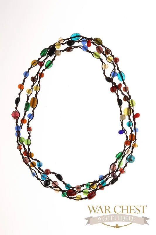 Necklace with Engraved Charm for Personal Touch-Multi-colored Glass Bead Long Necklace