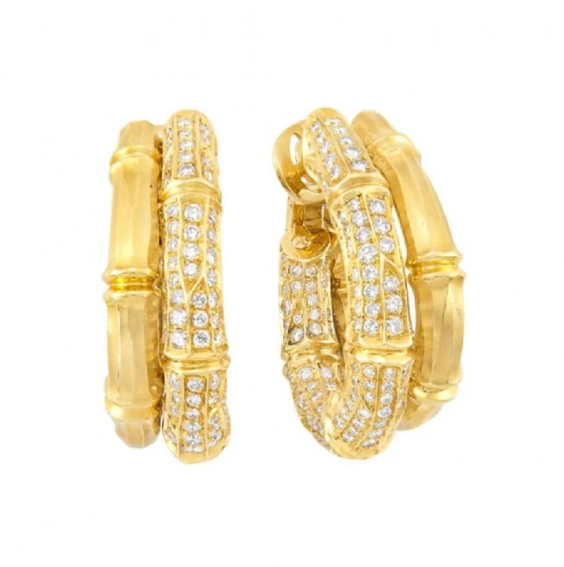 Fashion Earrings for Casual Wear-Cartier Bamboo Diamond 18k Gold Double Hoops Vintage Earrings Original Box