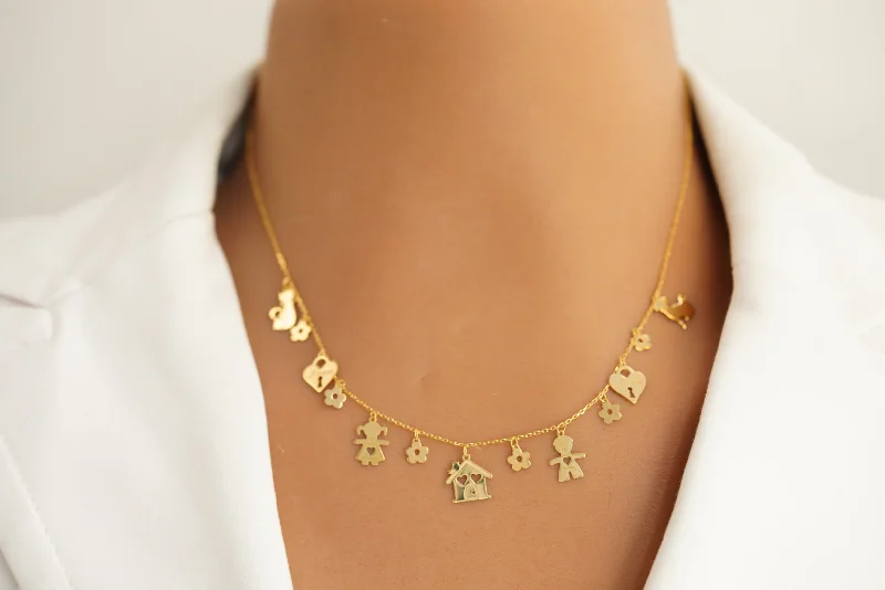 Luxury Gold Necklace for Weddings-14k House and Kids Pendants Necklace