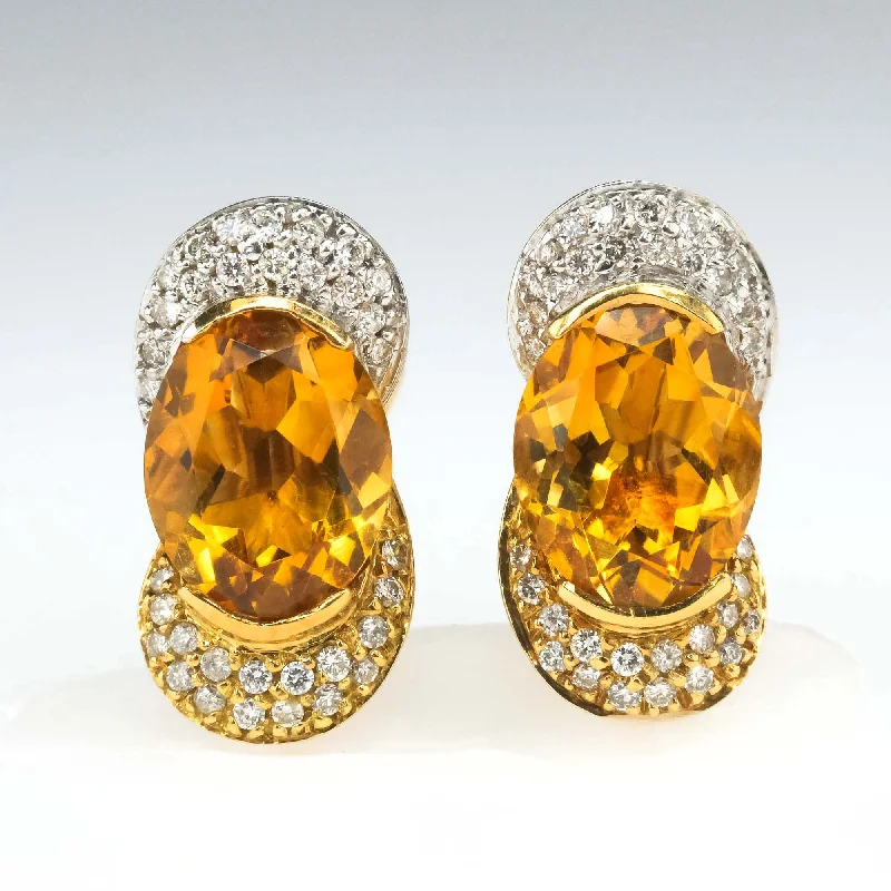 Golden Earrings for Night Events-Citrine & Diamond Stud Omega Clip On Earrings in Two Tone Gold