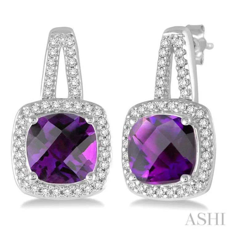 Stunning Earrings for Evening Events-7x7 MM Cushion Cut Amethyst and 1/4 Ctw Round Cut Diamond Earrings in 10K White Gold