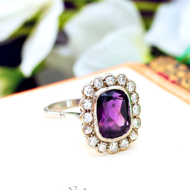 Beautiful Wedding Band for Women-Finest Vintage Amethyst & Diamond Cluster Dress Ring