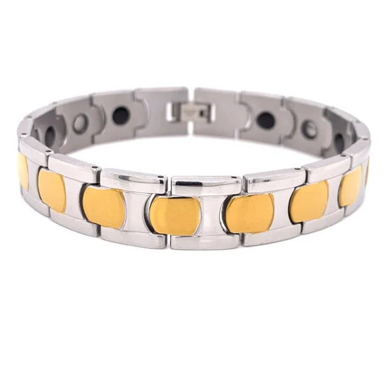 Silver Bracelet for Men with Custom Engraving-Stainless Steel & Gold PVD Coated Magnetic Bracelet / MBS0030