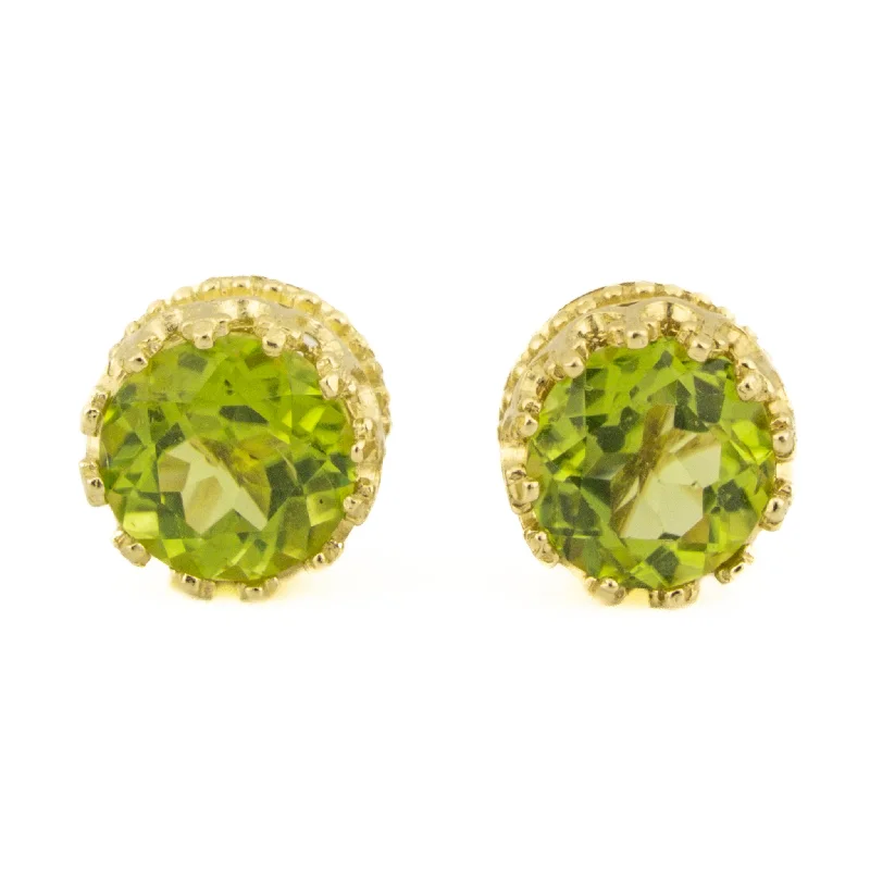 Elegant Gold Stud Earrings-Round Peridot Solitaire Gemstone Stud Earrings in 14K Yellow Gold