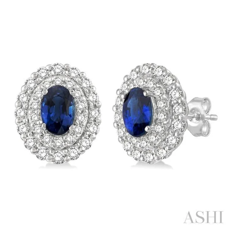 Artistic Pearl Earrings-3/4 Ctw Oval Shape 6x4MM Sapphire and Round Cut Diamond Precious Earrings in 14K White Gold