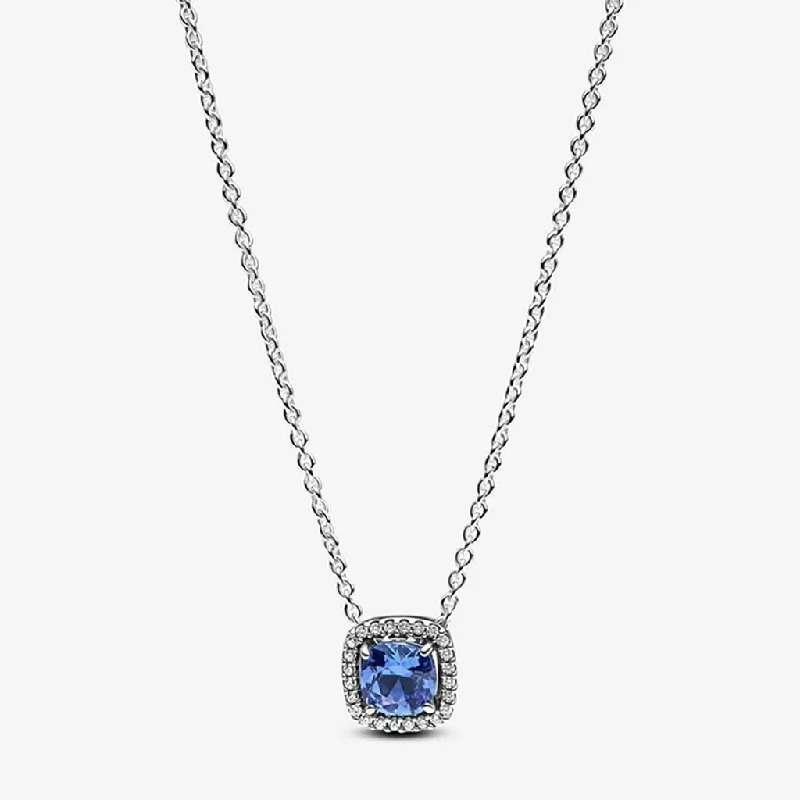 Stylish Earrings for Teen Girls-PANDORA : Sparkling Square Blue Halo Pendant Necklace