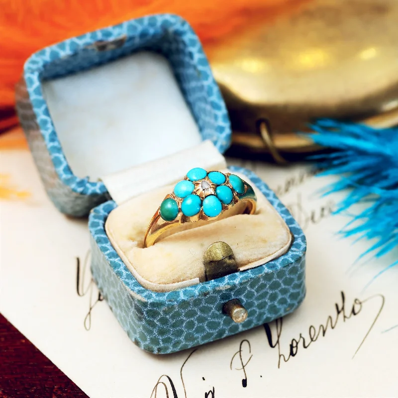 Custom Gold Wedding Ring for Women-Fondest Victorian Turquoise & Diamond 'Forget me not' Ring