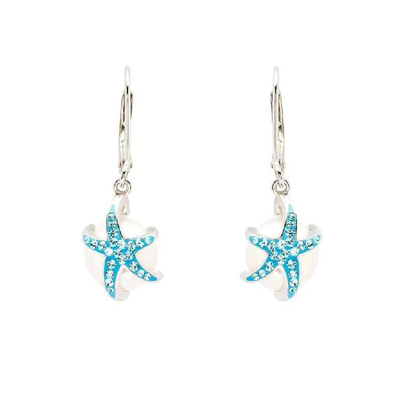 Handcrafted Silver Drop Earrings-Ocean : Sterling Silver Pearl with Aqua Crystal Star Fish Earrings