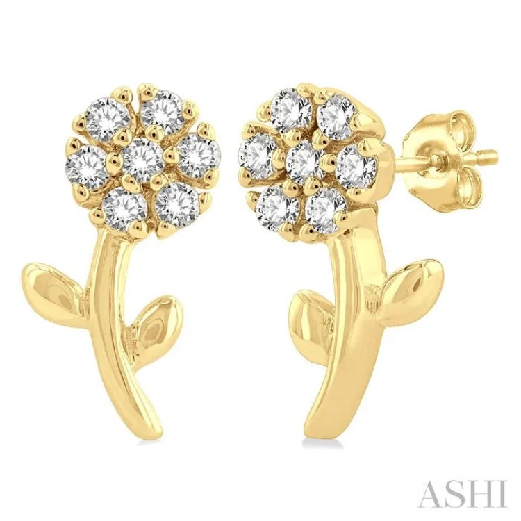 Fun Earrings for Day to Day Wear-1/8 Ctw Floral Round Cut Diamond Petite Fashion Stud Earring in 10K Yellow Gold