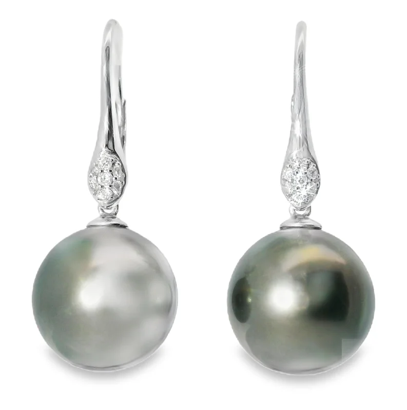 Vintage Gold Earrings-Gorgeous 14K White Gold Diamond Tahitian Pearl Hanging Earrings