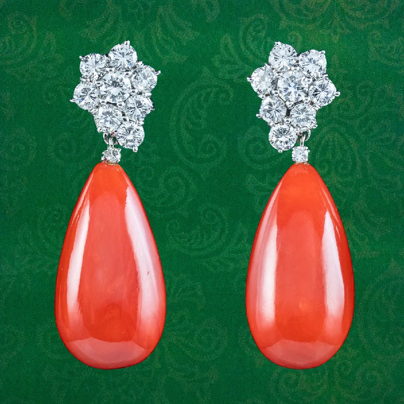 Personalized Earrings for Gifts-Vintage Coral Diamond Drop Earrings 14ct Gold 3ct Diamond