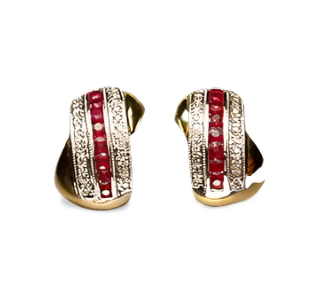 Elegant Diamond Earrings for Women-Exquisite Estate 14K Yellow Gold Diamond Ruby Huggie Half Hoop Earrings