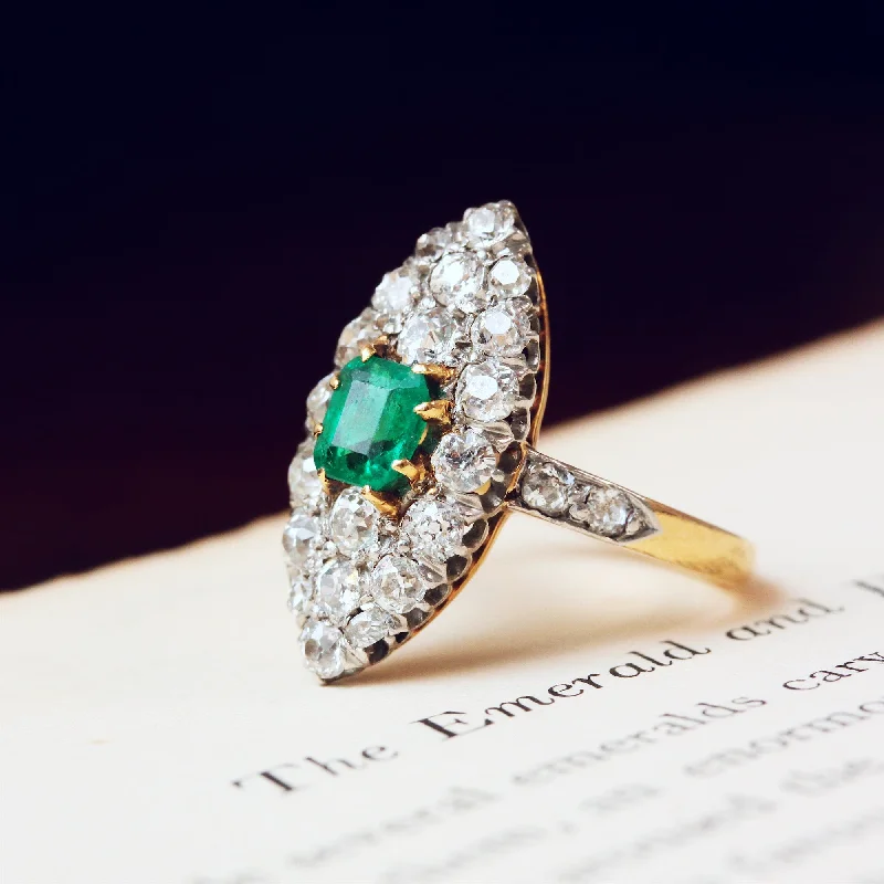 Engagement Ring with Diamonds and Sapphire-Utterly Charming Edwardian Emerald and Diamond Navette Cluster Ring