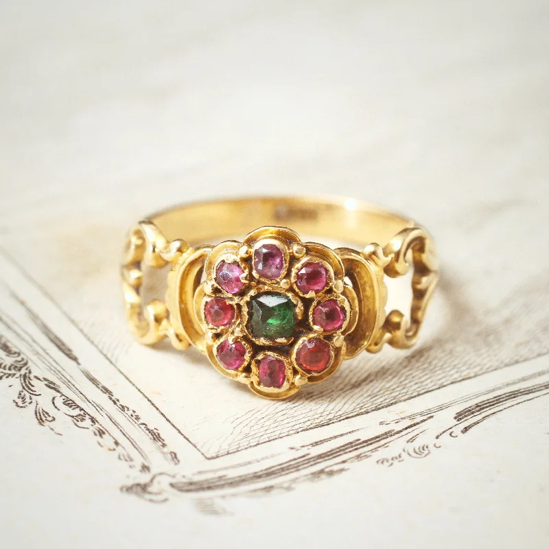 Classic Diamond Engagement Ring Set-Early Victorian Ruby & Emerald Floral Cluster Ring