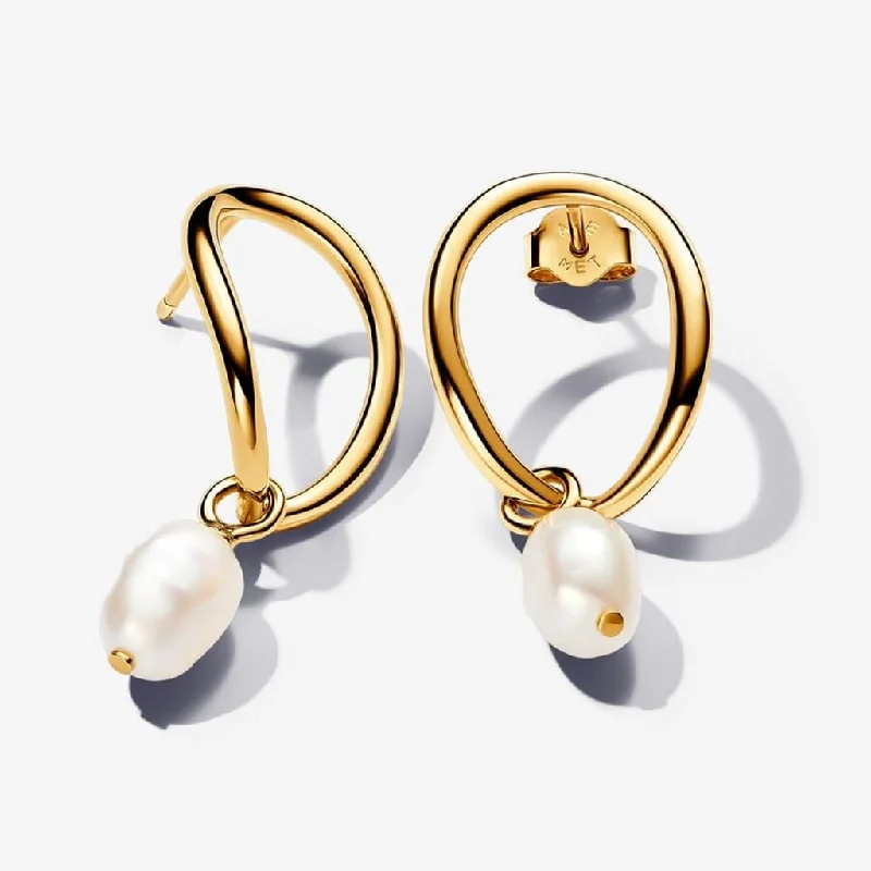 Ethnic Drop Earrings for Festivals-PANDORA : Organically Shaped Circle & Baroque Treated Freshwater Cultured Pearl Earrings in Gold