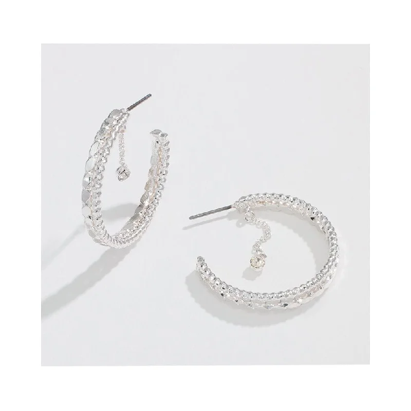 Elegant Gold Earrings for Daytime Wear-Periwinkle by Barlow : 1” Textured Silver Hoops With Dangling Crystal -Earrings