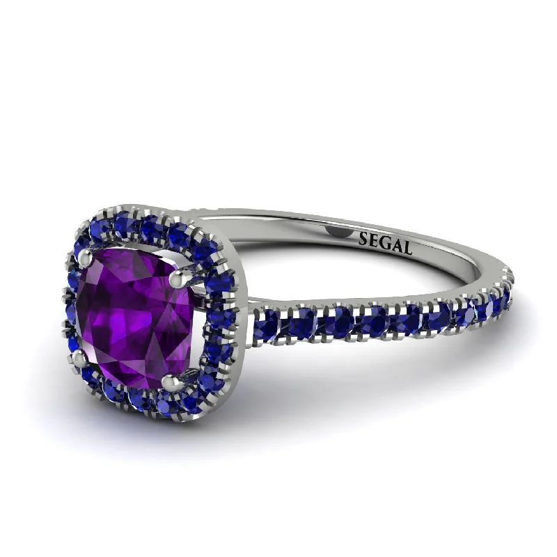 Gold Ring with Gemstones-Cushion Amethyst Halo Engagement Ring - Jade No. 315