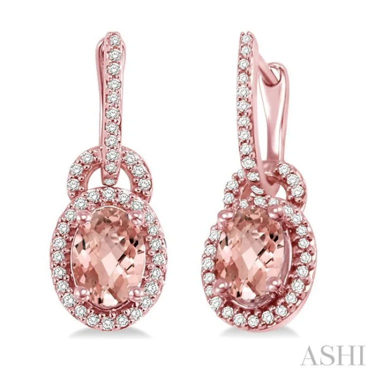 Statement Earrings for Weddings-7x5mm Oval Cut Morganite and 1/3 Ctw Round Cut Diamond Earrings in 14K Rose Gold