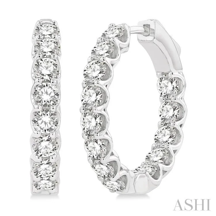 Beaded Earrings for Women-3 Ctw Inside-Out Round Cut Diamond Hoop Earrings in 14K White Gold