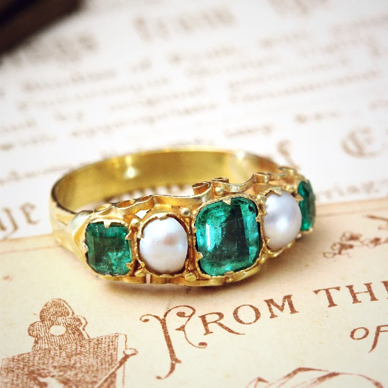 Designer Engagement Ring with Diamonds-Antique Victorian Emerald & Natural Pearl Ring