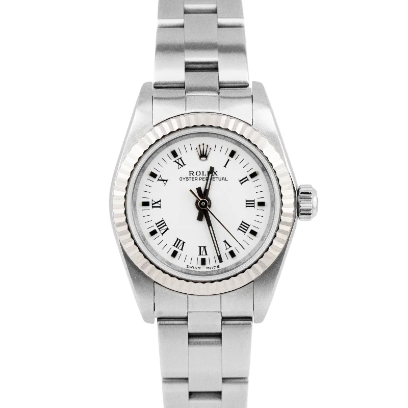 High-End Watches for Corporate Gifting-Rolex Oyster Perpetual 24mm Stainless NO-HOLES White Fluted Oyster Watch 76094