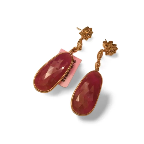 Drop Earrings for Formal Occasions-Gorgeous Estate 14K Yellow Gold Diamond Ruby Cabochon Tear Drop Dangle Earrings