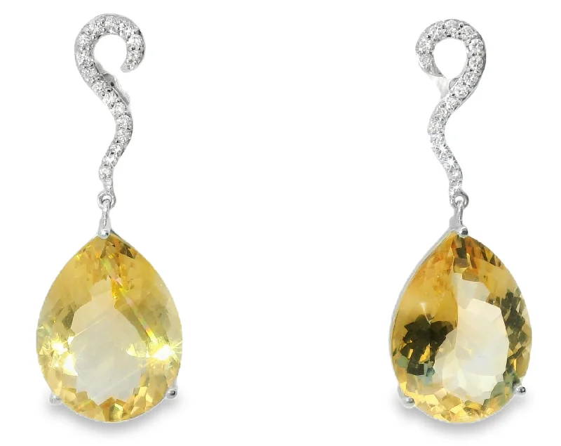 Classic Gemstone Earrings-Stunning 18K White Gold Diamond Citrine Hanging Earrings