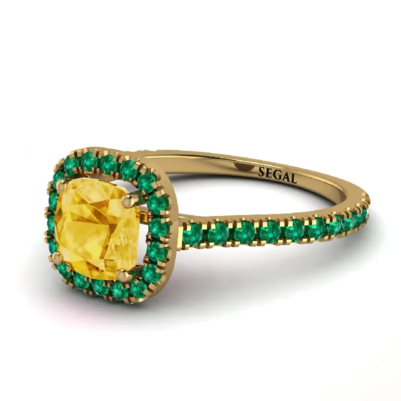 Gold Wedding Ring Set for Women-Cushion Citrine Halo Engagement Ring - Jade No. 604