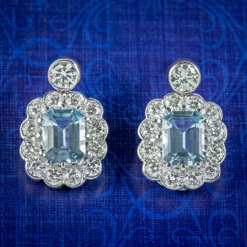 Glamorous Earrings for Night Life-Edwardian Style Aquamarine Diamond Earrings 18ct Gold 2.50ct Aquas