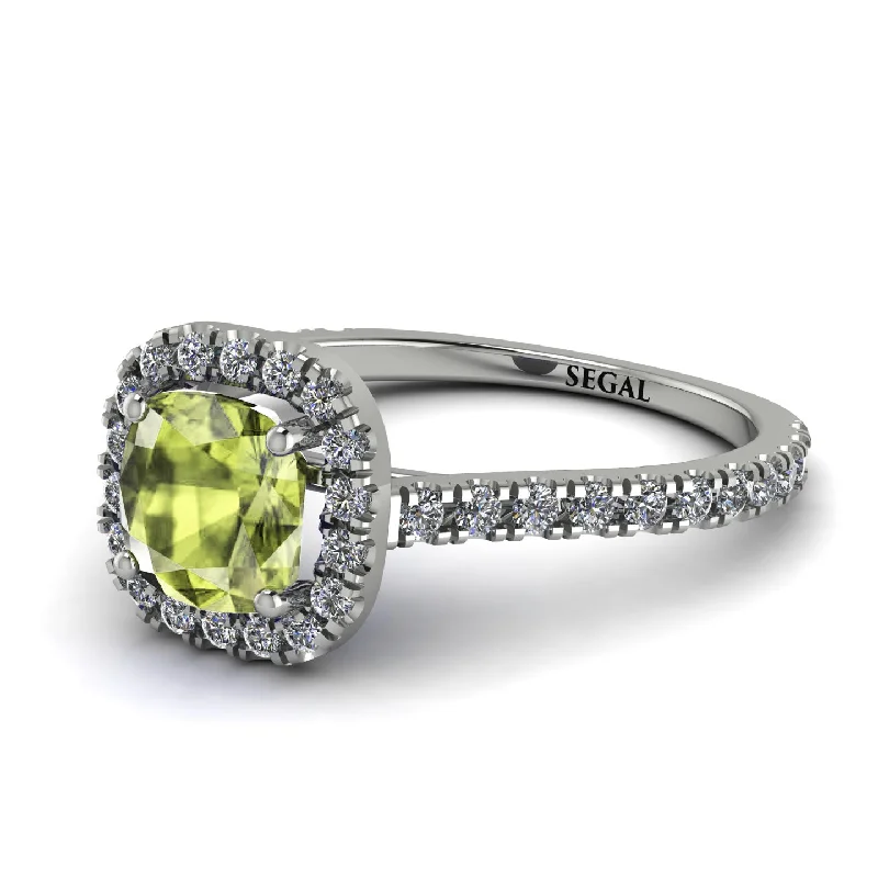 Designer Wedding Ring Set for Couples-Cushion Peridot Halo Engagement Ring - Jade No. 703