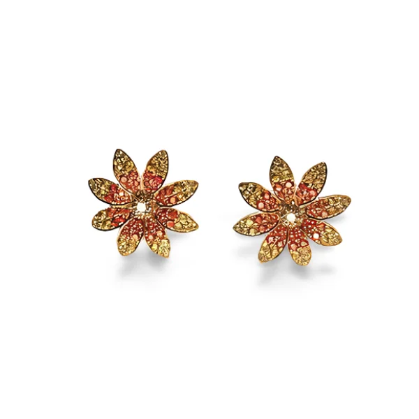 Large Gemstone Earrings for Special Events-Estate 14K Yellow Gold Diamond Red Sapphire Flower Stud Earrings Studs