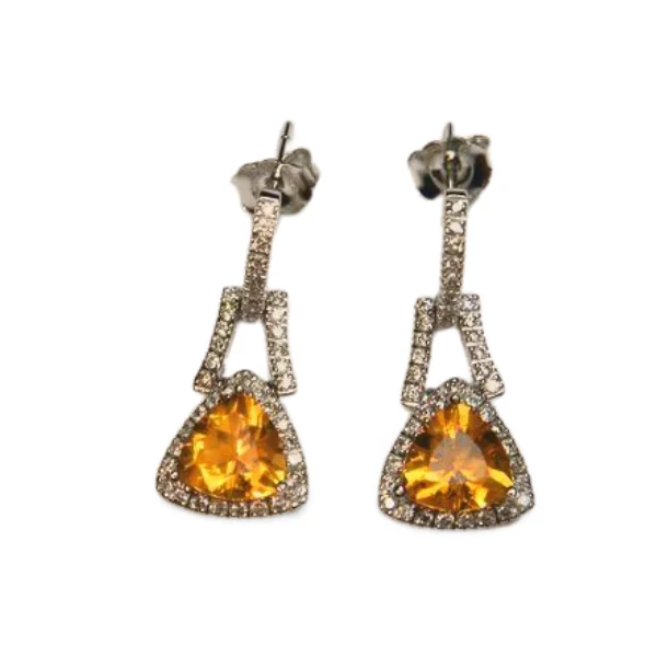 Sparkling Earrings for Evening Parties-Gorgeous 14K White Gold Trillion Citrine Diamond Drop Earrings