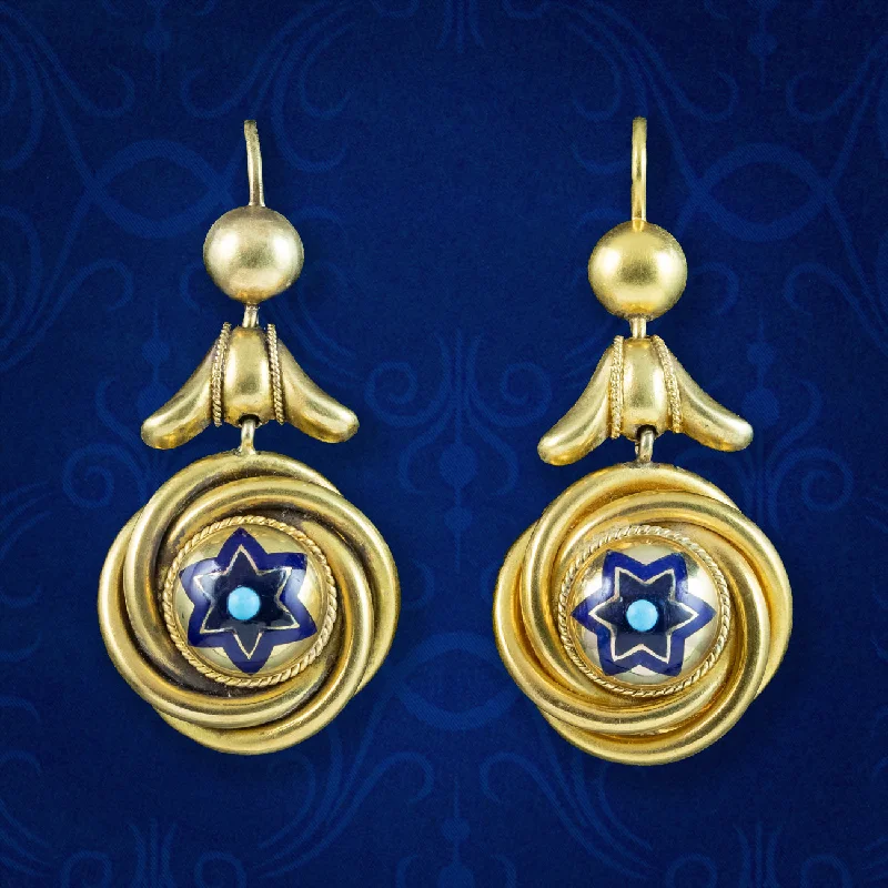 Statement Silver Earrings for Bold Style-Antique Victorian Etruscan Enamel Love Knot Drop Earrings