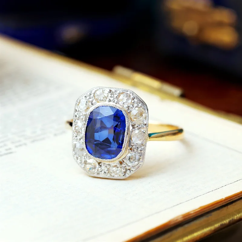 Vintage Diamond Ring for Women-Vintage Art Deco Sapphire & Diamond Cluster Ring