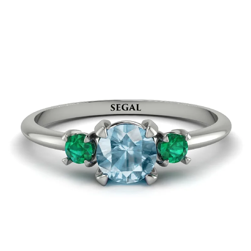 Vintage Engagement Ring with Emerald-Classic Three Stone Aquamarine Engagement Ring - Valentina No. 406