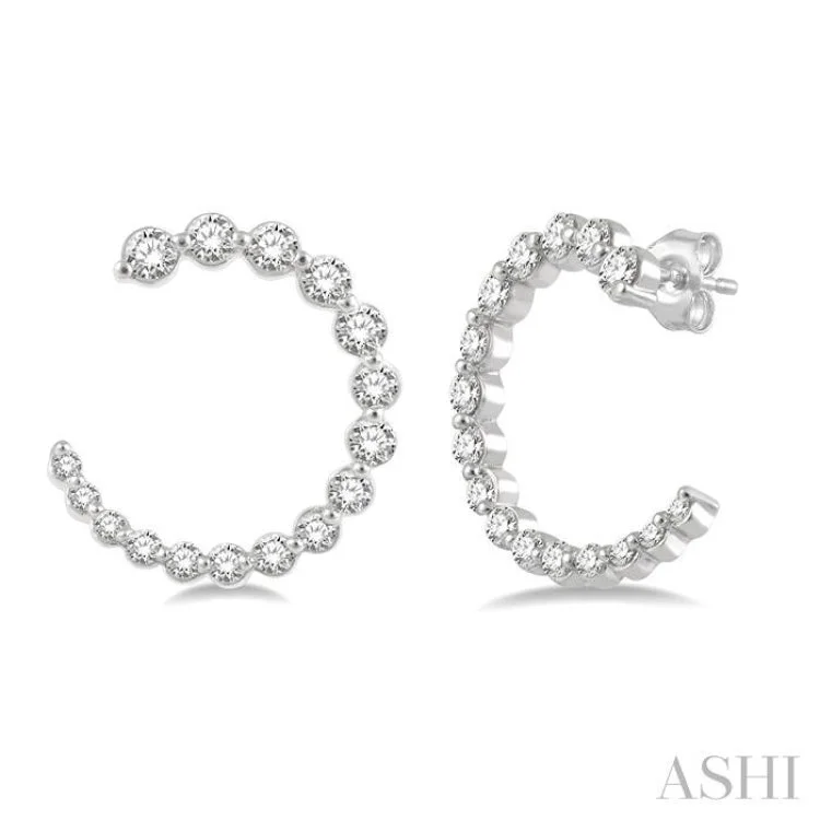 Fashionable Earrings for Parties-3/4 Ctw Graduated Round Cut Diamond Open Hoop Earring in 14K White Gold